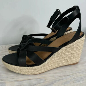 NEW Soludos Charlotte Black Leather Knot Ankle Strap Espadrille Wedges Sz 10